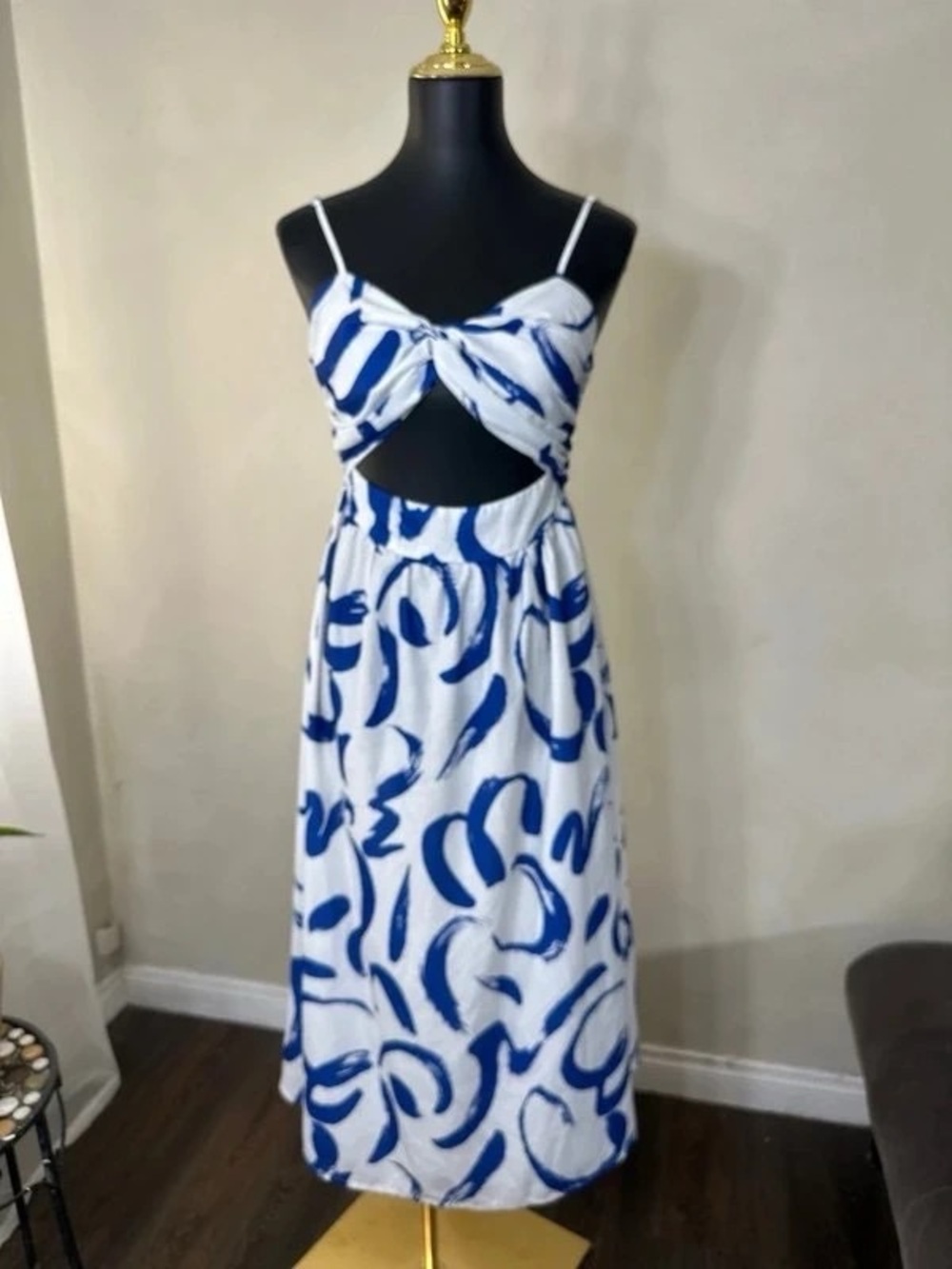 White & Blue Twisted Front Cutout Maxi Dress